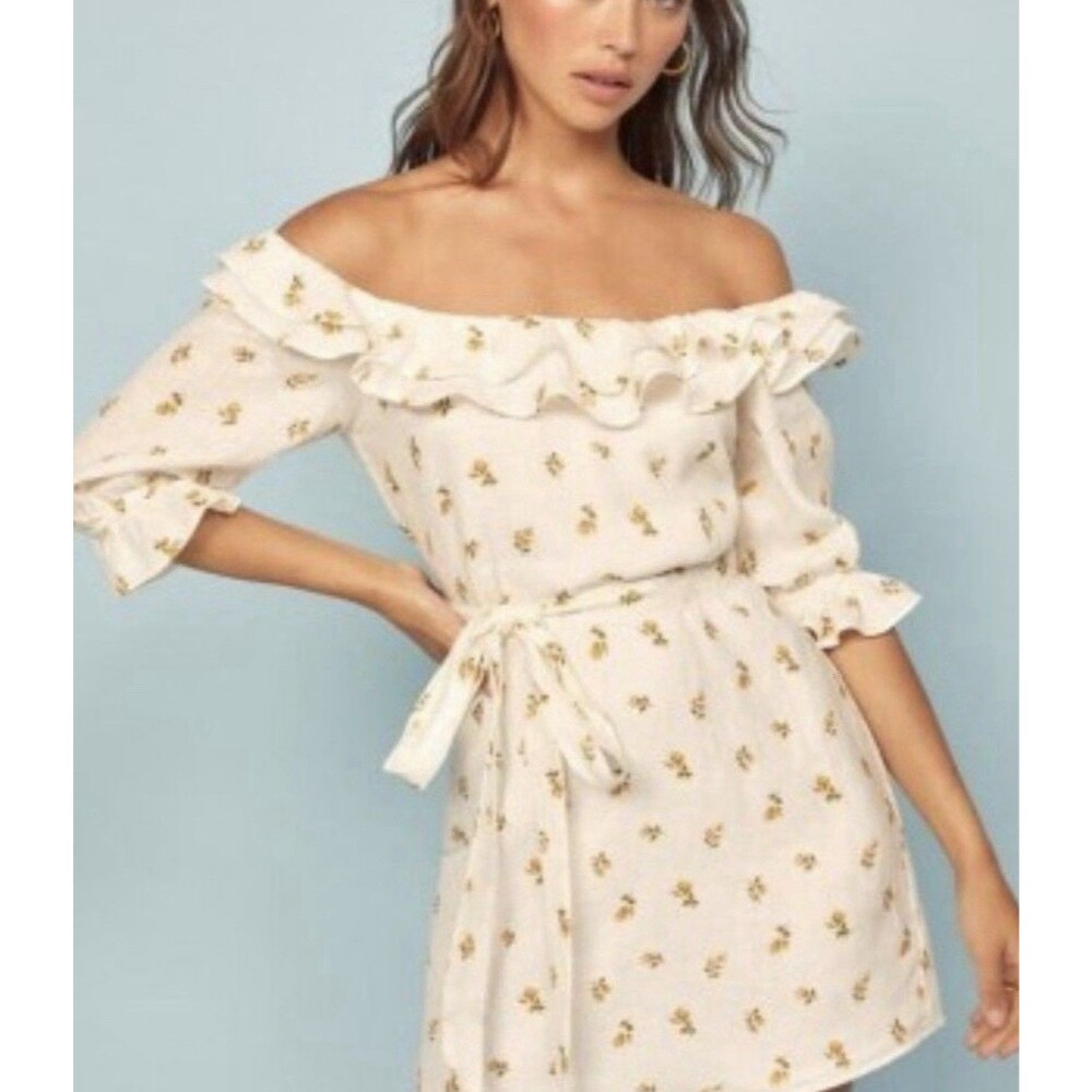 Reformation Indio Mini Dress 100% Linen‎ Cream Floral Off Shoulder Size Small